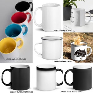 Może przedstawiać: Zestaw kubków w różnych stylach i kolorach, w tym białe kubki ceramiczne, białe kubki emaliowane, błyszczące czarne kubki magiczne i matowe czarne kubki magiczne.