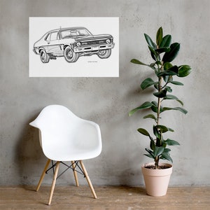 May include: A black and white line drawing of a classic Chevrolet Nova car. The car is facing the viewer and has a black stripe running along the side.