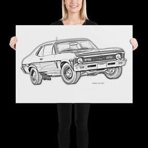 May include: A black and white pencil sketch of a 1969 Chevrolet Nova SS. The car is drawn in a realistic style, with details such as the grille, headlights, and wheels.