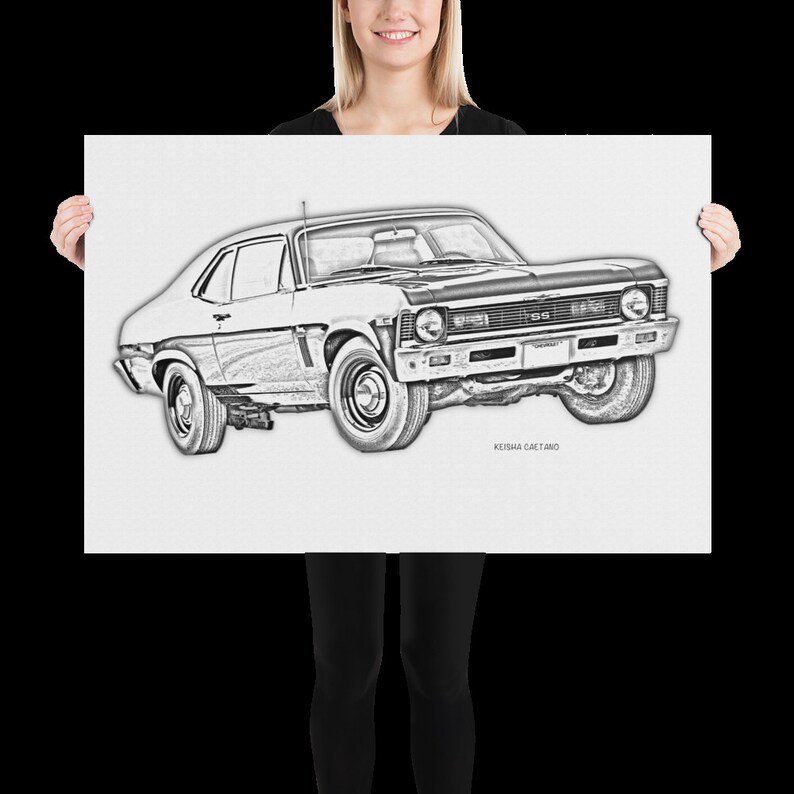 May include: A black and white pencil sketch of a 1969 Chevrolet Nova SS. The car is drawn in a realistic style, with details such as the grille, headlights, and wheels.