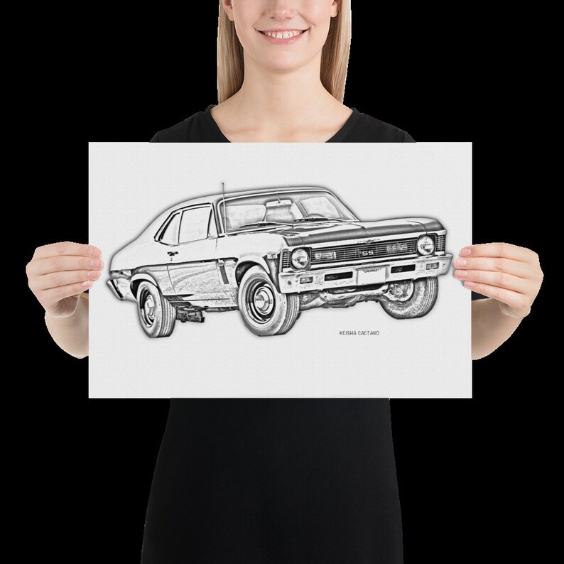 May include: Black and white pencil sketch of a 1969 Chevrolet Camaro.