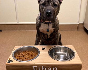 Personalized Reclaimed Wood Elevated Dog Bowl Stand – Stainless Steel Bowls