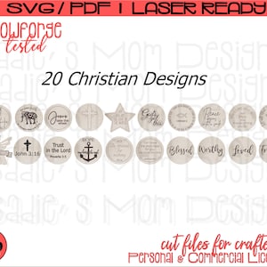 Könnte beinhalten: Ein Set mit 20 christlichen SVG- und PDF-Schnittdateien für Bastler. Die Designs zeigen verschiedene religiöse Symbole, Zitate und Verse. Die Dateien sind laserfertig und werden mit einer persönlichen und kommerziellen Lizenz geliefert.
