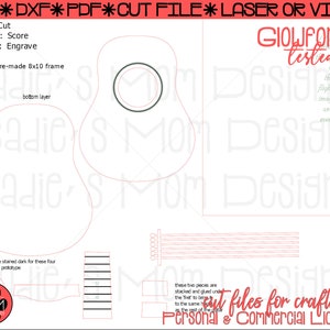 May include: A digital cut file design for a guitar shaped sign with the text "Glowforge tested" and "files for crafters Personal & Commercial License". The design is in black and white and includes instructions for cutting, scoring, and engraving.