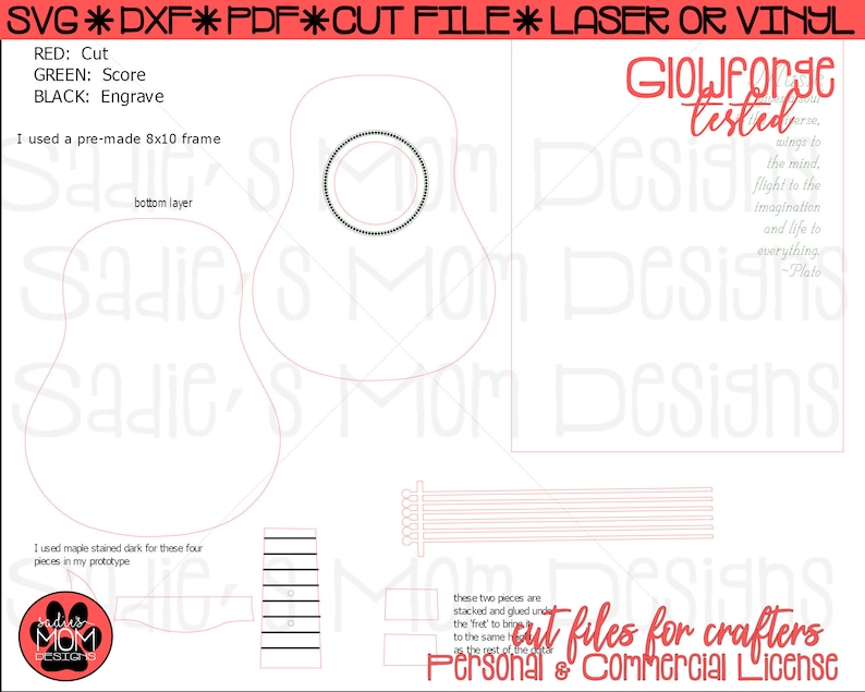 May include: A digital cut file design for a guitar shaped sign with the text "Glowforge tested" and "files for crafters Personal & Commercial License". The design is in black and white and includes instructions for cutting, scoring, and engraving.