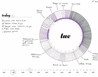 May include: A hand-drawn daily schedule planner with a purple and black circle in the center. The circle is divided into 24 sections, each representing an hour of the day. The sections are filled with different patterns and textures to represent different activities. The words "tue" and "today" are written in the center of the circle. The planner also includes a calendar with the months of the year listed along the bottom.