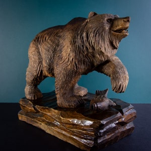 Big wooden figure "The Bear on a stand with a fish" (approx.5Lb of weight, 11.8W*11H Inch)