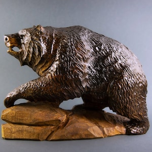 Medium wooden figure "The Angry Black Bear on a stand" (10W*6.7H Inch) The figure is made from whole woodpiece without glue