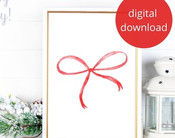 Christmas Decoration Printable Wall Art, Red Watercolor Bow, Simple Artwork for Gallery Wall, Winter Wall Art, Printable Home Decor