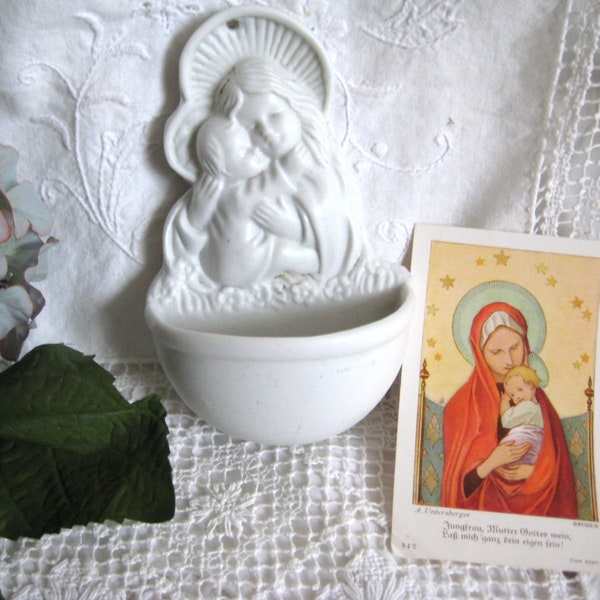 Vintage Weihwasserbecken, Shabby, Religiös, Mutter Maria mit Jesuskind