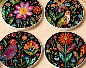 Ensemble de 4 sous-verres en céramique oiseaux floraux d'art populaire vibrant