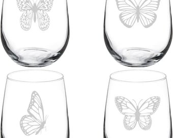 Butterfly Collection Set of 4 Wine Glass Stemless Or Stemmed Set Of 4 Glasses