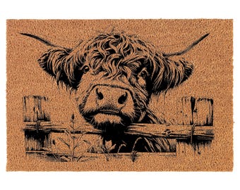 Highland Cow Calf Peeking Over Fence Coir Doormat Door Mat Housewarming Gift Newlywed Gift Wedding Gift New Home