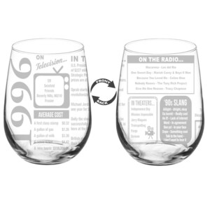 Birthday Stemless Wine Glass Full Wrap Glass 30th Birthday Gift, 40th Birthday Gift, 50th Birthday Gift, 60th Birthday Gift 1996 30th Birthday