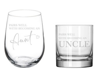 Set of 2 Pairs Well With Becoming An Aunt & Uncle Baby Announcement Pregnancy Announcement Baby Reveal Gift Wine Glass Set Rocks or Pint