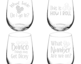 Bunco Collection Set of 4 Wine Glass Stemless Or Stemmed Set Of 4 Glasses