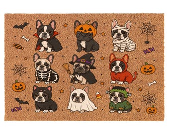 Paillasson d'Halloween en fibre de coco blanche avec motif bouledogue français (Frenchie Dogs), cadeau idéal pour une pendaison de crémaillère, un mariage ou toute nouvelle maison.