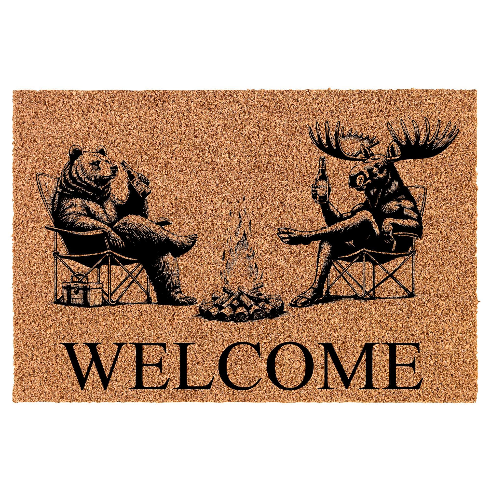 Welcome Bear & Moose Camp Fire Camping Cabin Funny Coir Doormat Door Mat Housewarming Gift Newlywed Gift Wedding Gift New Home