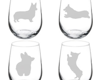 Corgi Collection Set Of 4 Wine Glass Stemless Or Stemmed Set Of 4 Glasses