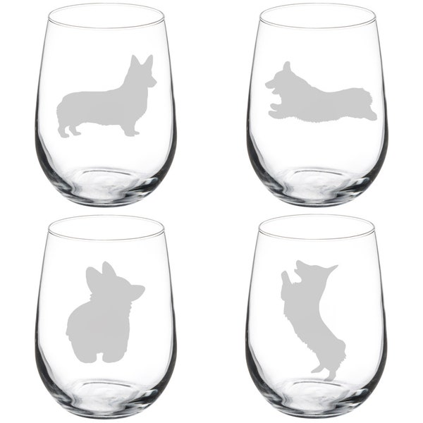 Corgi Collection Set Of 4 Wine Glass Stemless Or Stemmed Set Of 4 Glasses