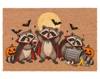 Paillasson humoristique en fibre de coco blanche avec des ratons laveurs vampires pour Halloween - Cadeau de pendaison de crémaillère - Cadeau pour jeunes mariés - Cadeau de mariage - Nouvelle maison