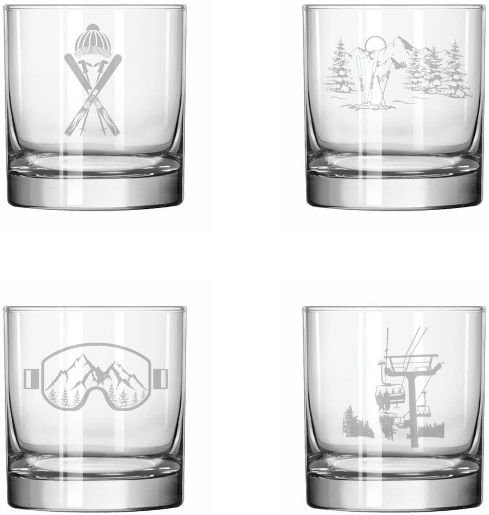 Ski Skier Equipment Collection Set of 4 Rocks Whiskey Glasses Gift Set