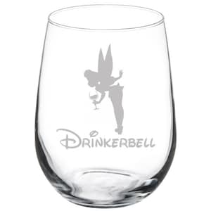 May include: A clear glass stemless wine glass with a silhouette of Tinkerbell holding a glass of wine and the text "Drinkerbell".