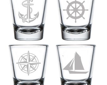 Nautical Collection Shot Glass Set of 4 Shot Glasses Anchor Compass Sail Boat Wheel Lake Ocean
