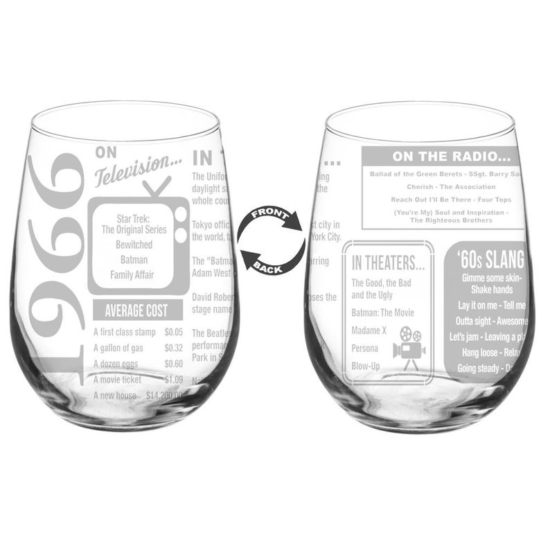 Birthday Stemless Wine Glass Full Wrap Glass 30th Birthday Gift, 40th Birthday Gift, 50th Birthday Gift, 60th Birthday Gift 1966 60th Birthday