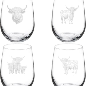 May include: Set of four clear stemless wine glasses. Each glass features a detailed etched design of a Highland cow. The cow designs vary, including a close-up of the head, a standing cow, and a cow with calves.