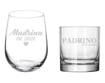 Set Of 2 Madrina Est 2026 And Padrino Est 2026 Wine Glass Set Rocks or Pint