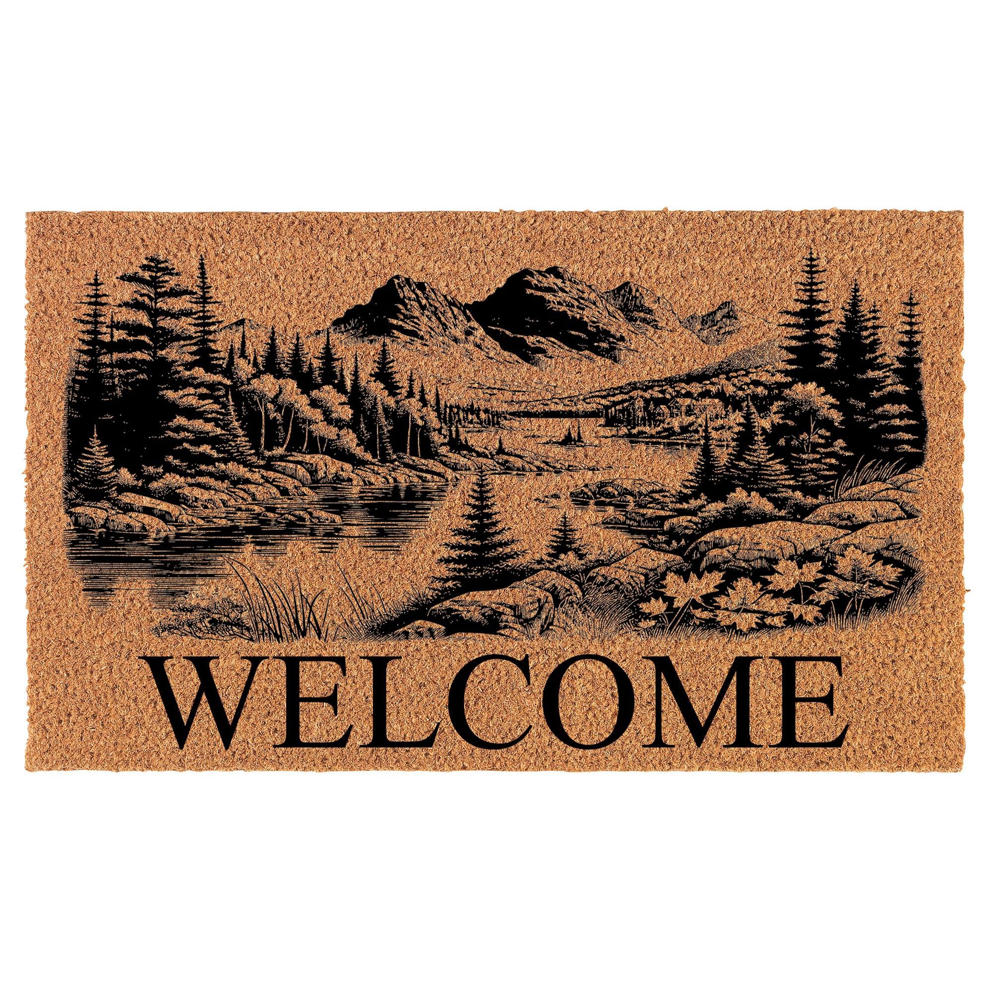 Welcome Mountain Dream River Trees Scene Coir Doormat Door Mat Housewarming Gift Newlywed Gift Wedding Gift New Home