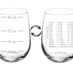 Taza medidora de volúmenes líquidos, onzas, tabla de conversión de cocina de 2 caras, tabla de medidas de cocina, copa de vino sin tallo o con tallo