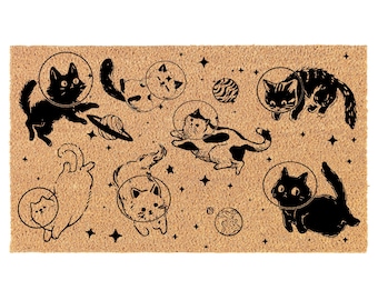 Cats In Space Funny Coir Doormat Door Mat Housewarming Gift Newlywed Gift Wedding Gift New Home