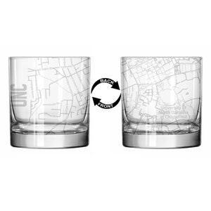May include: Two clear glass tumblers with a map of the University of North Carolina at Chapel Hill printed on the front and back. The front of the glass has the letters "UNC" printed on it.