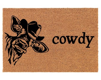 Cowdy Cow Funny Howdy Country Cowboy Cow Coir Doormat Door Mat Housewarming Gift Newlywed Gift Wedding Gift New Home
