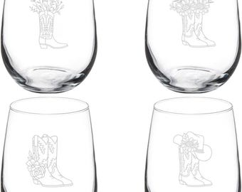 Set of 4 Cowgirl Boots Floral Flowers Collection Set of 4 Wine Glass Stemless Or Stemmed Set Of 4 Glasses