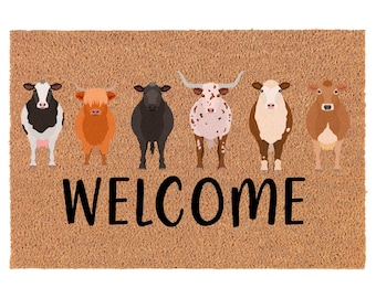 Welcome Cow Breeds White Coir Doormat Door Mat Entry Mat Housewarming Gift Wedding Gift New Home