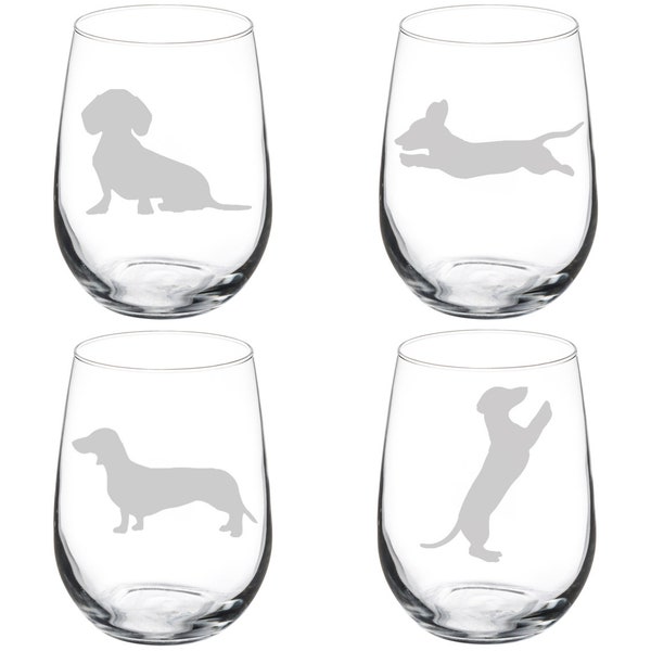 Dachshund Collection Set of 4 Wine Glass Stemless Or Stemmed Set Of 4 Glasses
