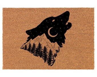 Wolf Forest Mountains Stars Moon Coir Doormat Door Mat Housewarming Gift Newlywed Gift Wedding Gift New Home