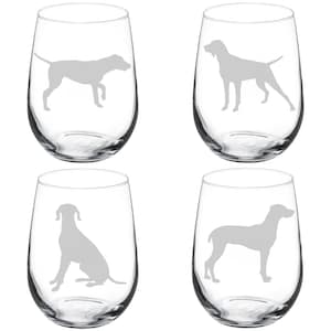 May include: Set of four clear glass wine glasses with etched silhouettes of German Shorthaired Pointers in various poses.