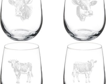 Cow Collection Set Of 4 Wine Glass Stemless Or Stemmed Set Of 4 Glasses