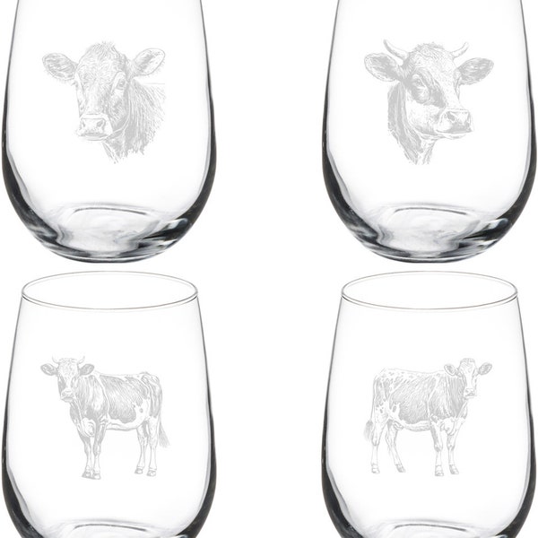 Cow Collection Set Of 4 Wine Glass Stemless Or Stemmed Set Of 4 Glasses