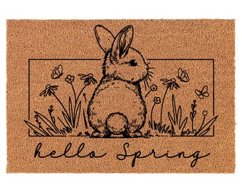 Hello Spring Bunny Floral Flowers Easter Coir Doormat Door Mat Housewarming Gift Newlywed Gift Wedding Gift New Home