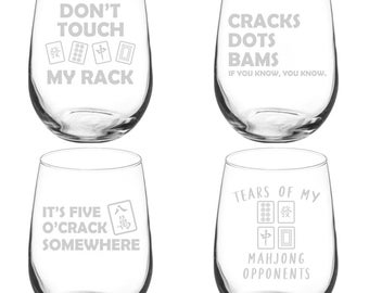 Funny Mahjong Collection Set of 4 Wine Glass Stemless Or Stemmed Set Of 4 Glasses