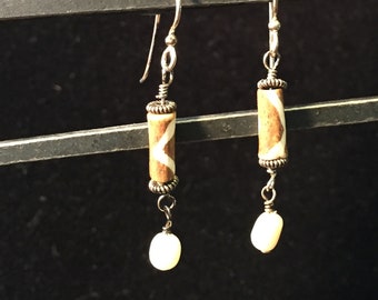 Dzi-like Cylinder and Mother of Pearl Dangle Earrings
