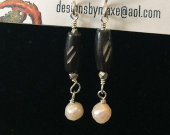 Imprinted Horn, Thai Silver and Freshwater Pearl Dangle Earrings