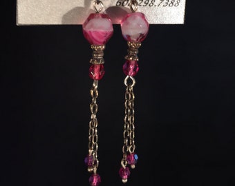 Pink Faceted Drop Earrings with Pink Crystals Dangling from Sterling Chain