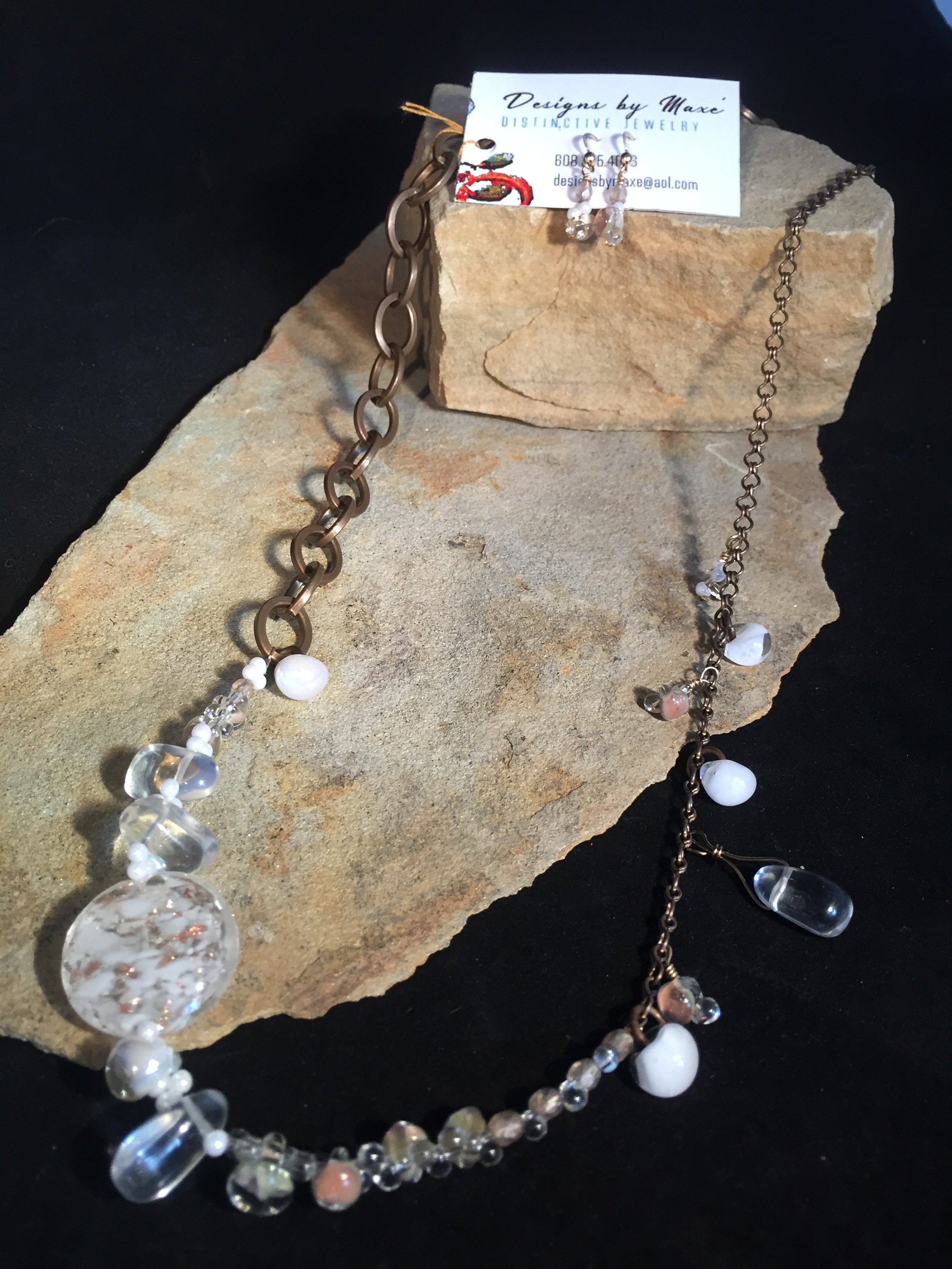 Foil Glass, Quartz and Brass Chain Necklace and Earring Set - Etsy Foil Glass, Quartz and Brass Chain Necklace and Earring Set - Etsy