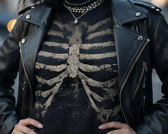 Gothic Skeleton Rib Cage Crop Top: Grunge Alt Fashion Tee, Festival Tee